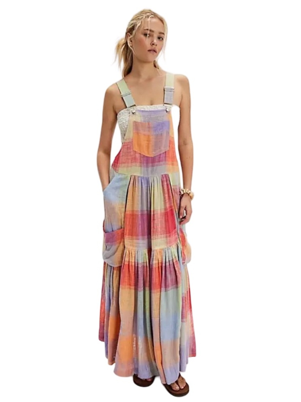 Free People Moonbeam Madras Skirtall Patchwork Maxi Dress Oversized Size S